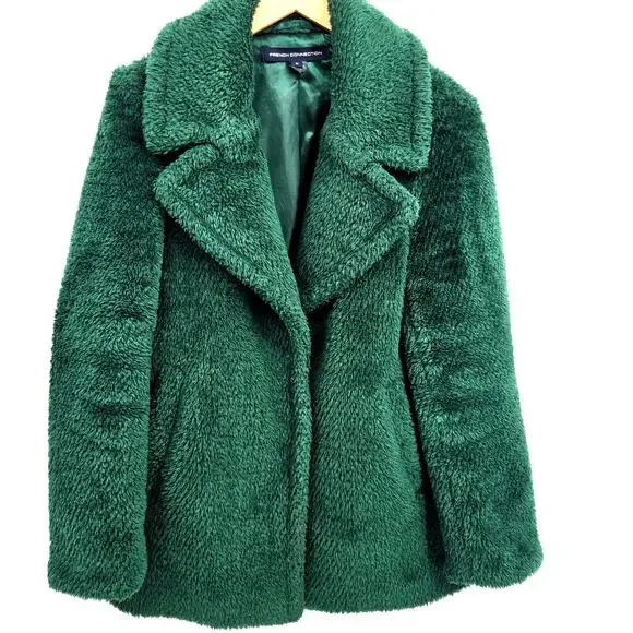 French Connection Medium Green Faux Fur Teddy Coat Collared Emerald Warm Cozy - Picture 1 of 6